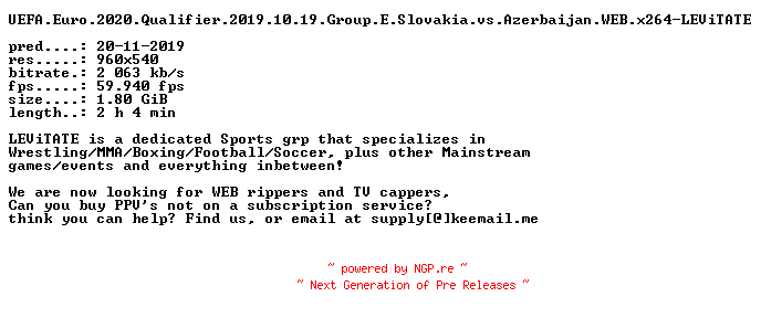 NFO for the release UEFA.Euro.2020.Qualifier.2019.10.19.Group.E.Slovakia.vs.Azerbaijan.WEB.x264-LEViTATE by LEViTATE