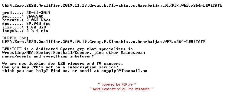 NFO for the release UEFA.Euro.2020.Qualifier.2019.11.19.Group.E.Slovakia.vs.Azerbaijan.DIRFIX.WEB.x264-LEViTATE by LEViTATE