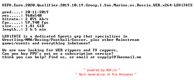 NFO for the release UEFA.Euro.2020.Qualifier.2019.11.19.Group.I.San.Marino.vs.Russia.WEB.x264-LEViTATE by LEViTATE