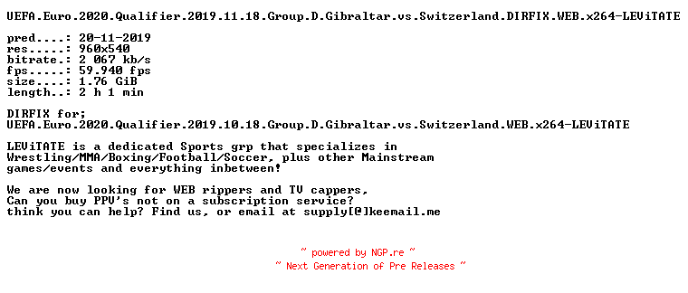 NFO for the release UEFA.Euro.2020.Qualifier.2019.11.18.Group.D.Gibraltar.vs.Switzerland.DIRFIX.WEB.x264-LEViTATE by LEViTATE