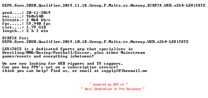 NFO for the release UEFA.Euro.2020.Qualifier.2019.11.18.Group.F.Malta.vs.Norway.DIRFIX.WEB.x264-LEViTATE by LEViTATE