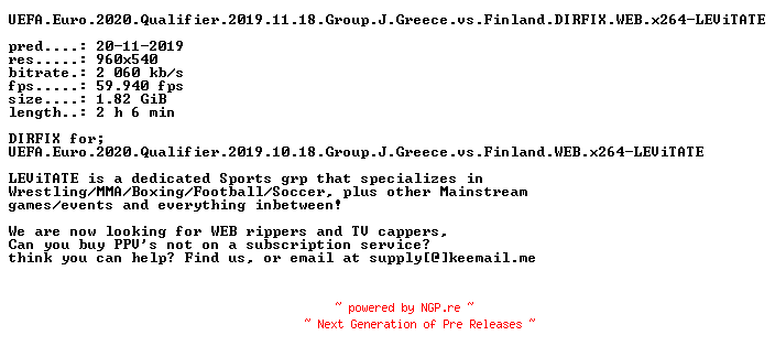 NFO for the release UEFA.Euro.2020.Qualifier.2019.11.18.Group.J.Greece.vs.Finland.DIRFIX.WEB.x264-LEViTATE by LEViTATE