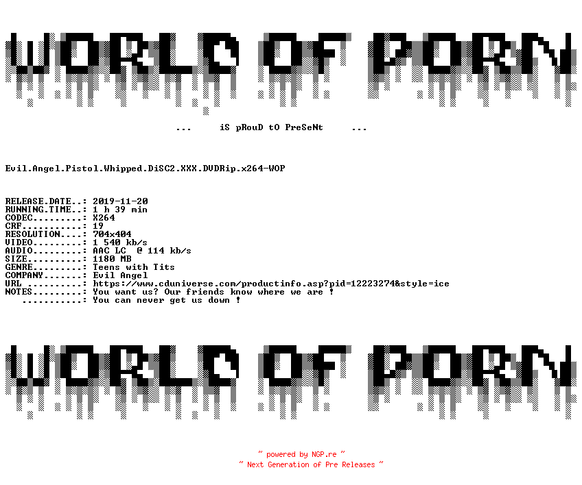NFO for the release Evil.Angel.Pistol.Whipped.DiSC2.XXX.DVDRip.x264-WOP by WOP