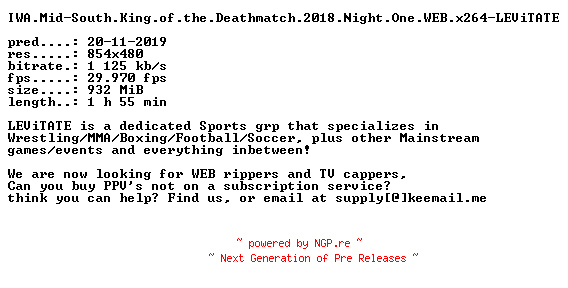 NFO for the release IWA.Mid-South.King.of.the.Deathmatch.2018.Night.One.WEB.x264-LEViTATE by LEViTATE