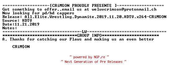 NFO for the release All.Elite.Wrestling.Dynamite.2019.11.20.HDTV.x264-CRiMSON by CRiMSON