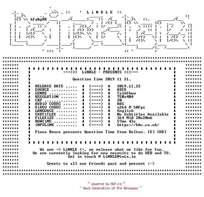 NFO for the release Question.Time.2019.11.21.HDTV.x264-LiNKLE by LiNKLE