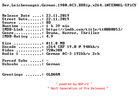 NFO for the release Der.Leichenwagen.German.1980.AC3.BDRip.x264.iNTERNAL-SPiCY by SPiCY