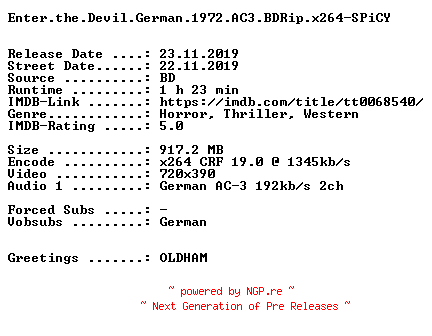 NFO for the release Enter.the.Devil.German.1972.AC3.BDRip.x264-SPiCY by SPiCY