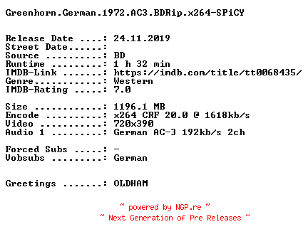 NFO for the release Greenhorn.German.1972.AC3.BDRip.x264-SPiCY by SPiCY