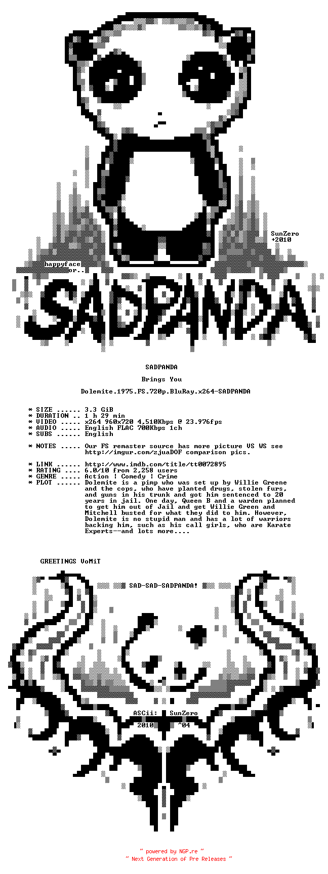 NFO for the release Dolemite.1975.FS.720p.BluRay.x264-SADPANDA by SADPANDA