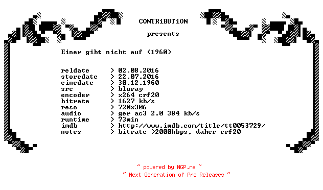 NFO for the release Einer.gibt.nicht.auf.1960.German.BDRip.x264-CONTRiBUTiON by CONTRiBUTiON