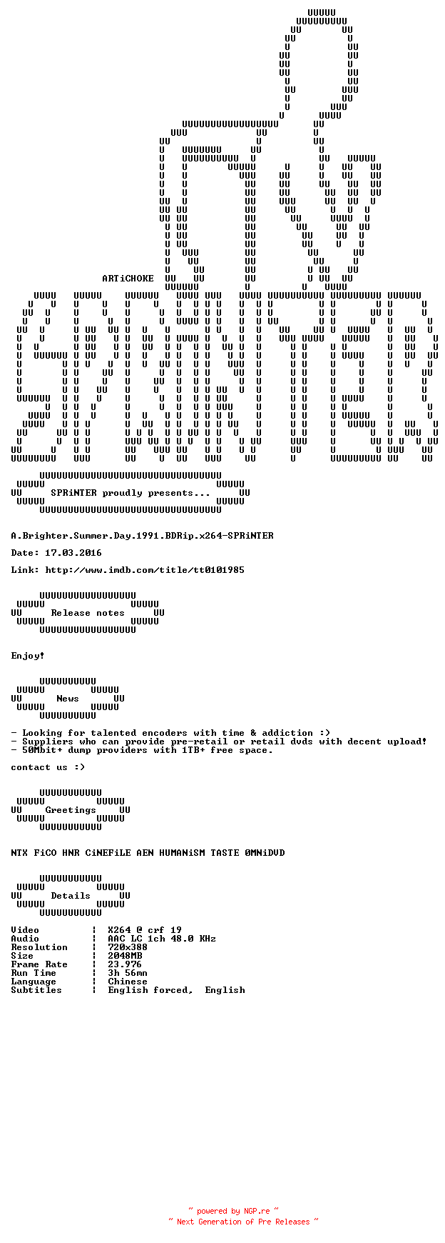 NFO for the release A.Brighter.Summer.Day.1991.BDRip.x264-SPRiNTER by SPRiNTER