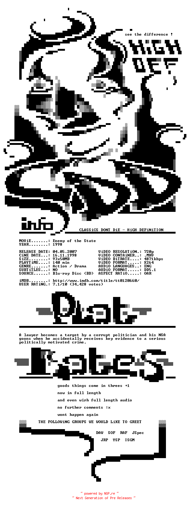 NFO for the release Enemy.Of.The.State.1998.DVD5.720p.BluRay.x264.REAL.FINAL.REPACK-CDDHD by CDDHD