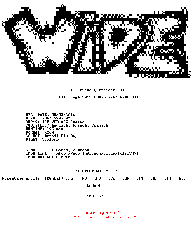 NFO for the release Dough.2015.BDRip.x264-WiDE by WiDE