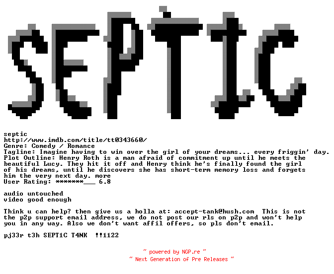 NFO for the release 50.First.Dates.2004.DVD5.720p.BluRay.x264-SEPTIC by SEPTIC
