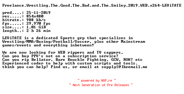 NFO for the release Freelance.Wrestling.The.Good.The.Bad.and.The.Smiley.2019.WEB.x264-LEViTATE by LEViTATE