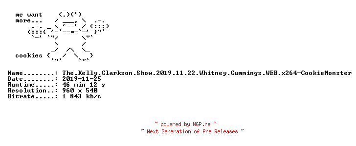 NFO for the release The.Kelly.Clarkson.Show.2019.11.22.Whitney.Cummings.WEB.x264-CookieMonster by CookieMonster
