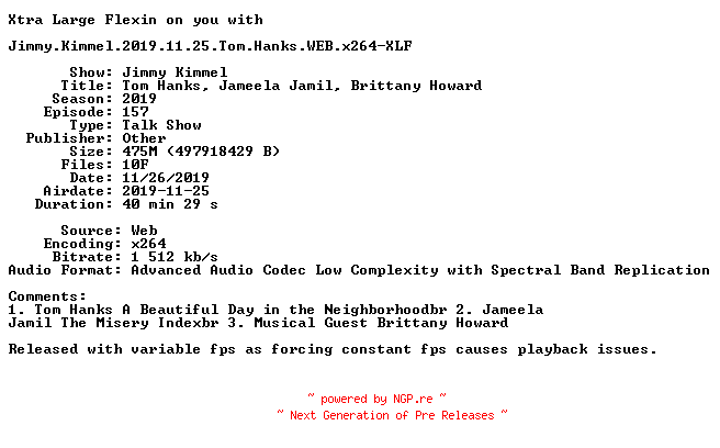 NFO for the release Jimmy.Kimmel.2019.11.25.Tom.Hanks.WEB.x264-XLF by XLF