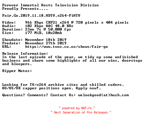 NFO for the release Fair.Go.2019.11.18.HDTV.x264-FiHTV by FiHTV