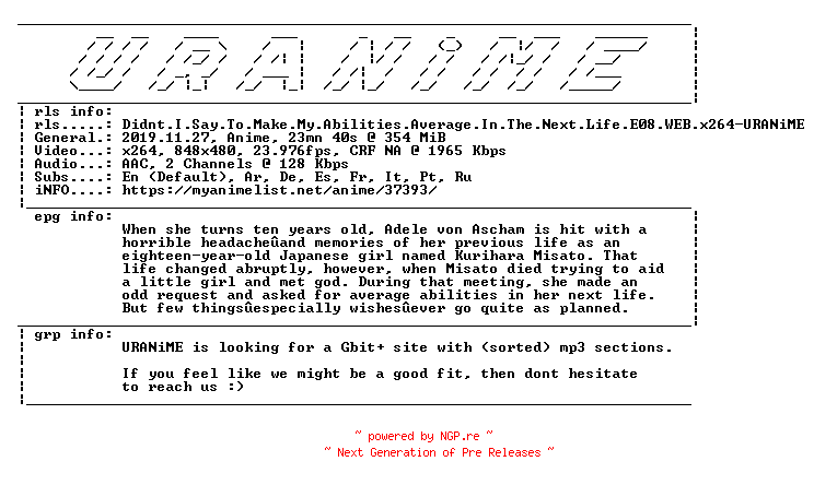 NFO for the release Didnt.I.Say.To.Make.My.Abilities.Average.In.The.Next.Life.E08.WEB.x264-URANiME by URANiME