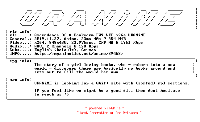NFO for the release Ascendance.Of.A.Bookworm.E09.WEB.x264-URANiME by URANiME