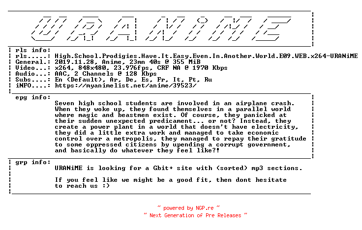 NFO for the release High.School.Prodigies.Have.It.Easy.Even.In.Another.World.E09.WEB.x264-URANiME by URANiME
