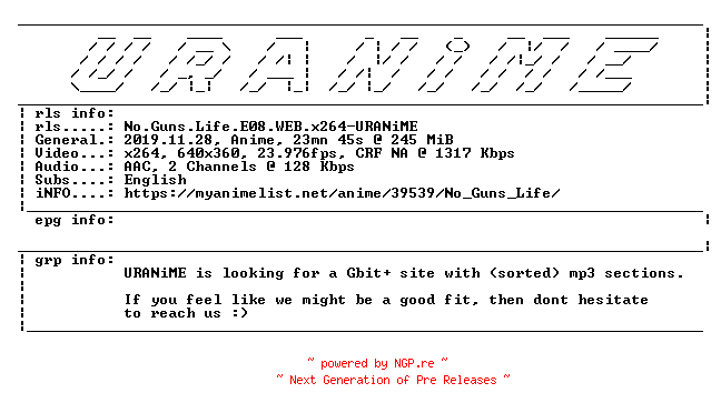 NFO for the release No.Guns.Life.E08.WEB.x264-URANiME by URANiME