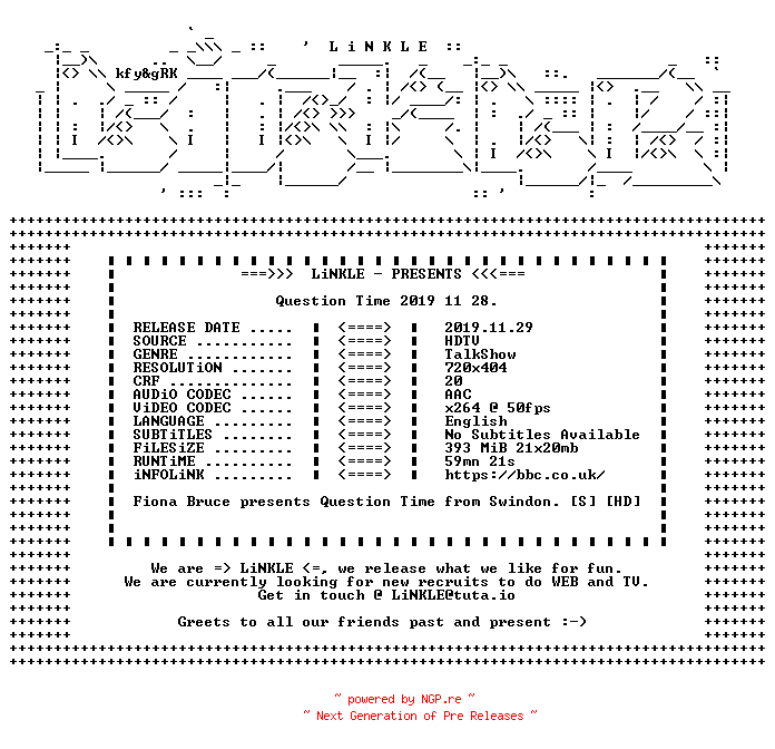 NFO for the release Question.Time.2019.11.28.HDTV.x264-LiNKLE by LiNKLE