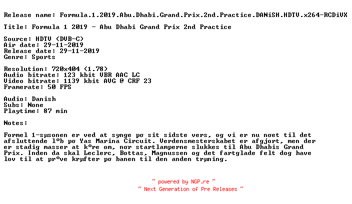 NFO for the release Formula.1.2019.Abu.Dhabi.Grand.Prix.2nd.Practice.DANiSH.HDTV.x264-RCDiVX by RCDiVX