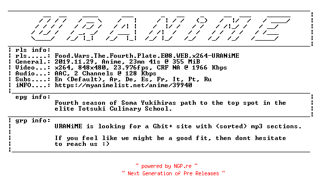 NFO for the release Food.Wars.The.Fourth.Plate.E08.WEB.x264-URANiME by URANiME