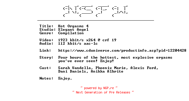NFO for the release Hot.Orgasms.4.XXX.DVDRip.x264-NSFW by NSFW