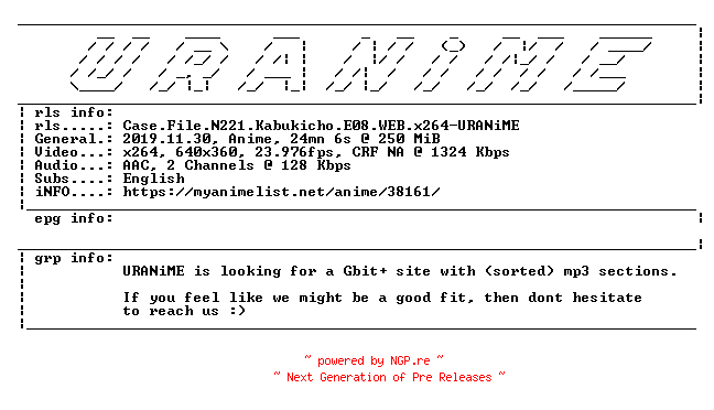 NFO for the release Case.File.N221.Kabukicho.E08.WEB.x264-URANiME by URANiME