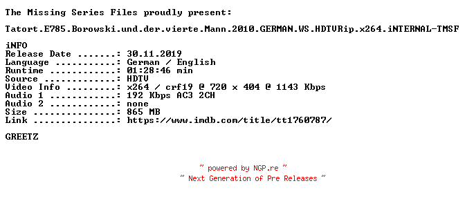 NFO for the release Tatort.E785.Borowski.und.der.vierte.Mann.2010.GERMAN.WS.HDTVRip.x264.iNTERNAL-TMSF by TMSF