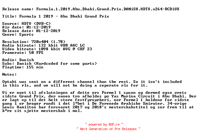 NFO for the release Formula.1.2019.Abu.Dhabi.Grand.Prix.DANiSH.HDTV.x264-RCDiVX by RCDiVX