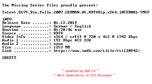NFO for the release Tatort.E679.Die.Falle.2007.GERMAN.WS.HDTVRip.x264.iNTERNAL-TMSF by TMSF