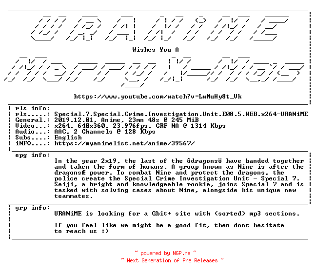 NFO for the release Special.7.Special.Crime.Investigation.Unit.E08.5.WEB.x264-URANiME by URANiME
