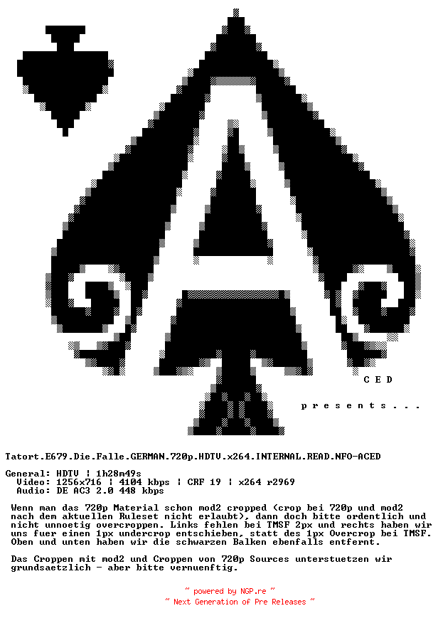 NFO for the release Tatort.E679.Die.Falle.GERMAN.720p.HDTV.x264.INTERNAL.READ.NFO-ACED by ACED