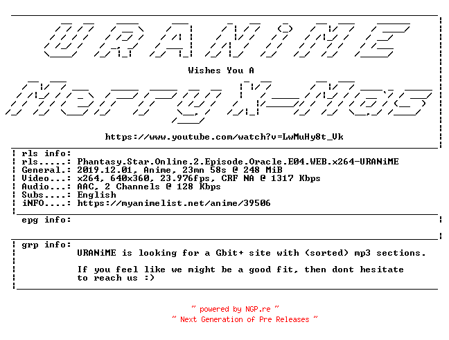 NFO for the release Phantasy.Star.Online.2.Episode.Oracle.E04.WEB.x264-URANiME by URANiME