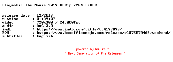 NFO for the release Playmobil.The.Movie.2019.BDRip.x264-EiDER by EiDER