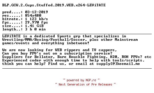 NFO for the release BLP.GCW.2.Cups.Stuffed.2019.WEB.x264-LEViTATE by LEViTATE