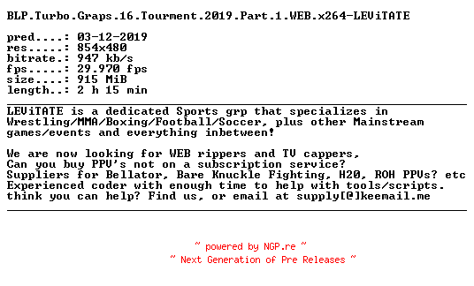 NFO for the release BLP.Turbo.Graps.16.Tourment.2019.Part.1.WEB.x264-LEViTATE by LEViTATE