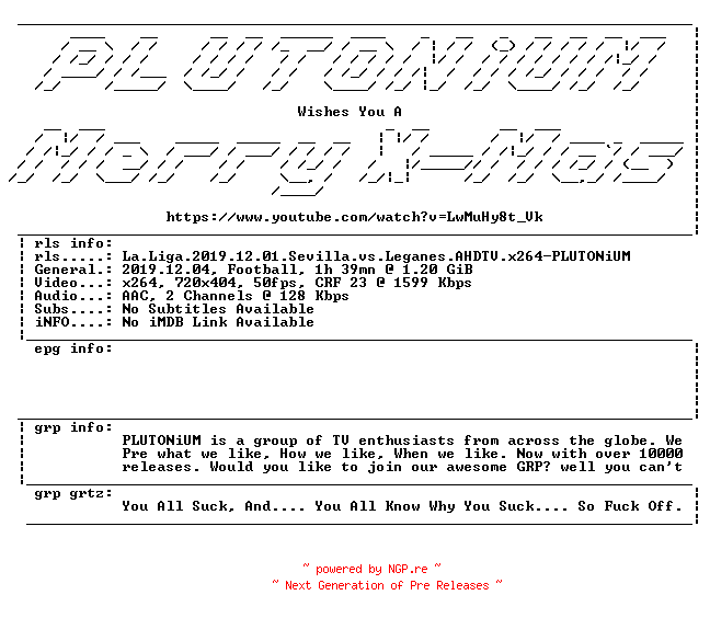 NFO for the release La.Liga.2019.12.01.Sevilla.vs.Leganes.AHDTV.x264-PLUTONiUM by PLUTONiUM