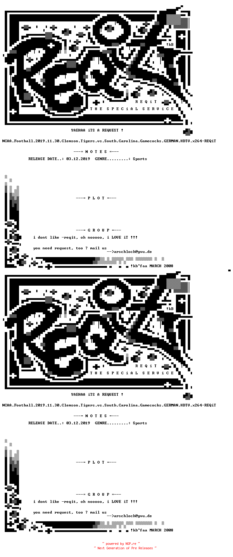 NFO for the release NCAA.Football.2019.11.30.Clemson.Tigers.vs.South.Carolina.Gamecocks.GERMAN.HDTV.x264-REQiT by REQiT