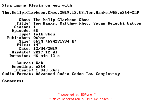 NFO for the release The.Kelly.Clarkson.Show.2019.12.03.Tom.Hanks.WEB.x264-XLF by XLF