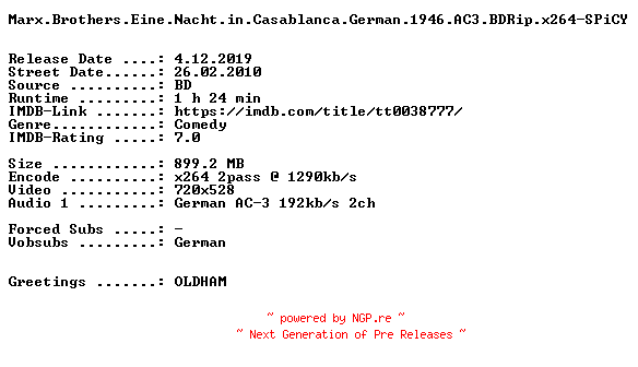 NFO for the release Marx.Brothers.Eine.Nacht.in.Casablanca.German.1946.AC3.BDRip.x264-SPiCY by SPiCY