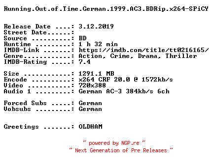 NFO for the release Running.Out.of.Time.German.1999.AC3.BDRip.x264-SPiCY by SPiCY