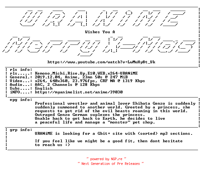 NFO for the release Kemono.Michi.Rise.Up.E10.WEB.x264-URANiME by URANiME