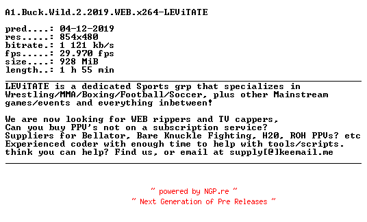 NFO for the release A1.Buck.Wild.2.2019.WEB.x264-LEViTATE by LEViTATE