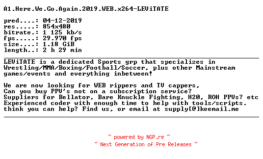 NFO for the release A1.Here.We.Go.Again.2019.WEB.x264-LEViTATE by LEViTATE