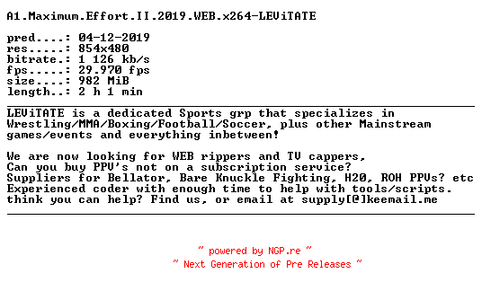 NFO for the release A1.Maximum.Effort.II.2019.WEB.x264-LEViTATE by LEViTATE